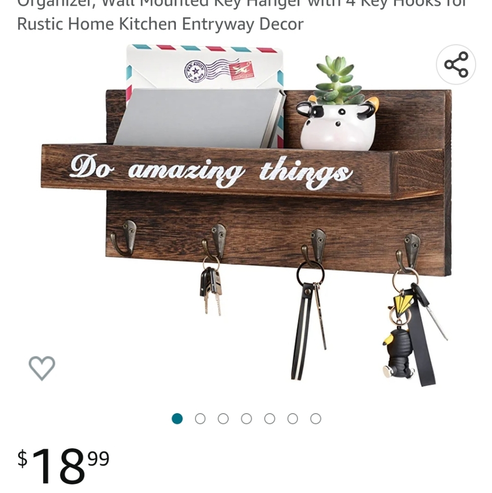 Key Holder for Wall Decorative, Mail Organizer with 4 key Hooks . Rustic Home Ki
